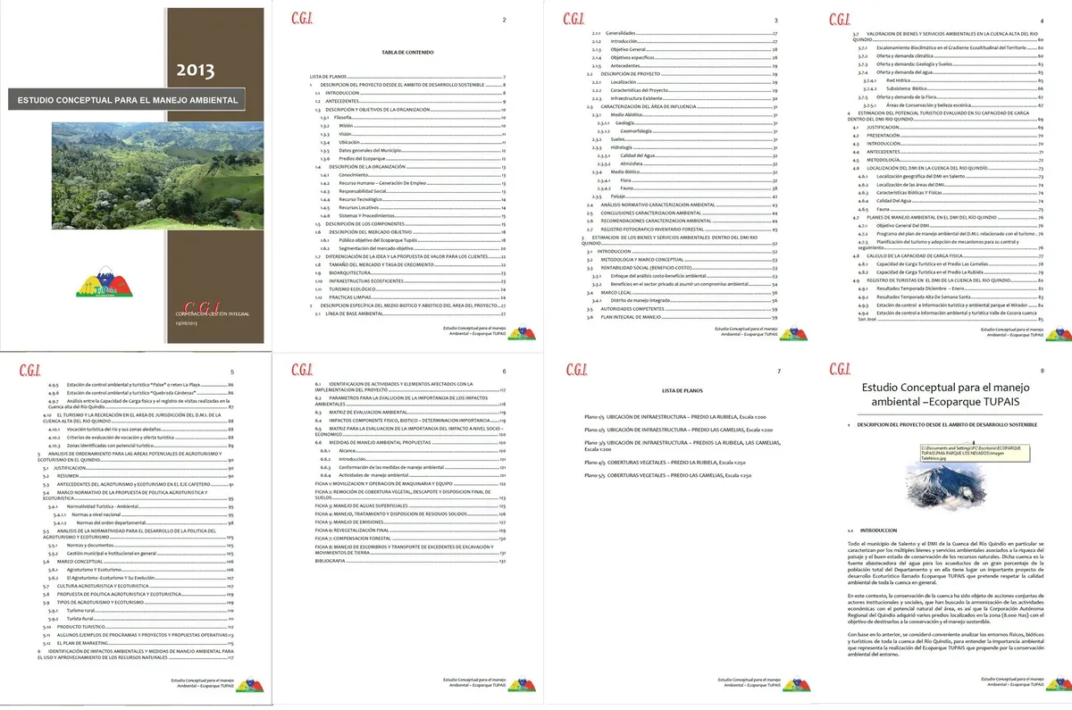 Portada y páginas del estudio ambiental del Ecoparque TuPaís, 2013