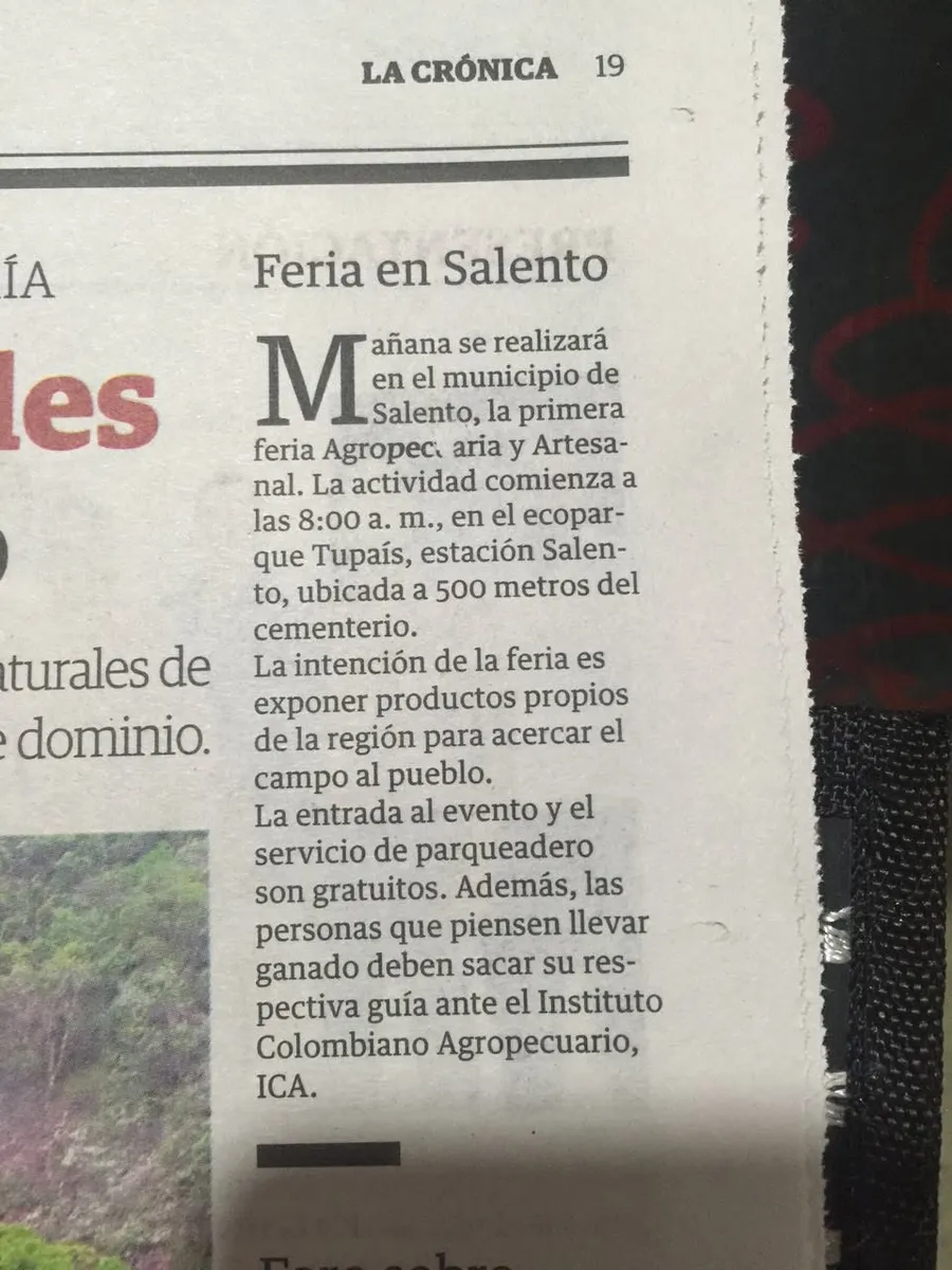 Recorte de La Crónica del Quindío sobre la feria en Salento