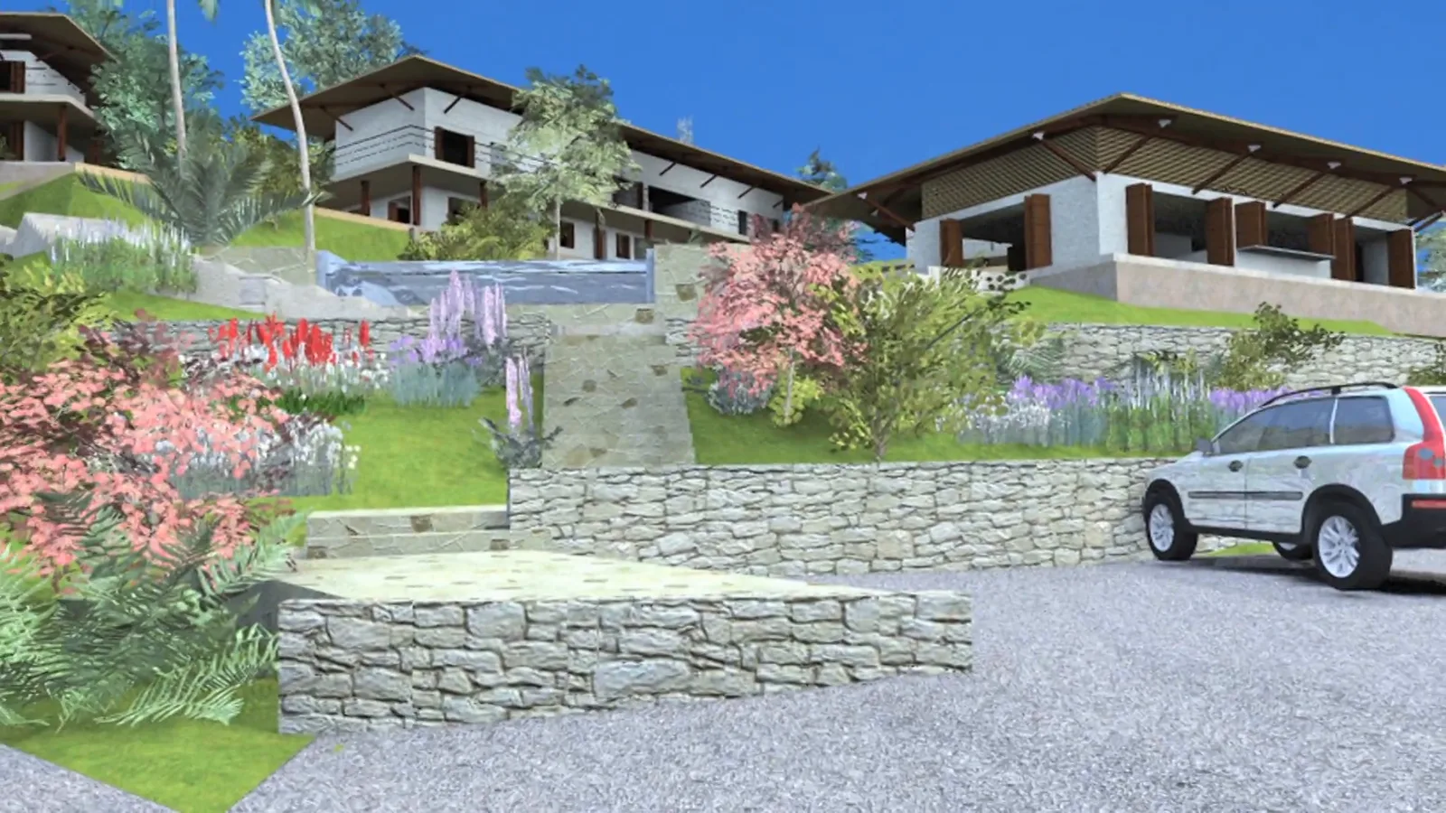 Render del hotel y las cabañas ecológicas entre jardines