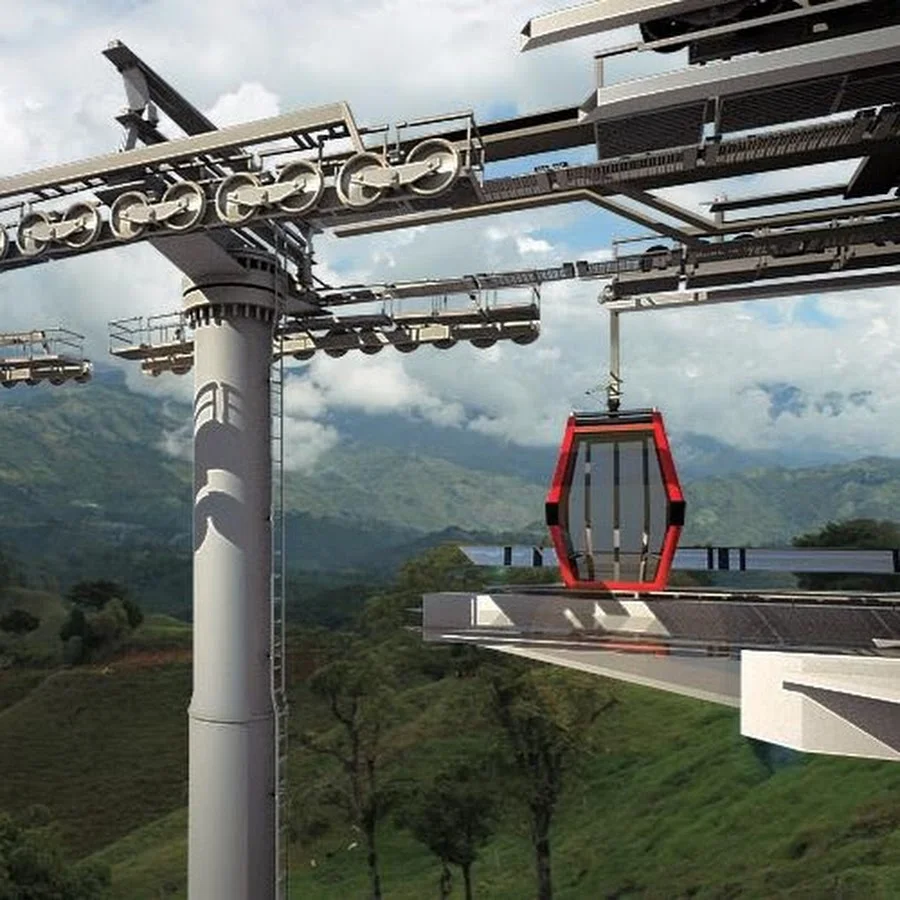 Render original del proyecto: estación, torre y cabina del Teleférico de Salento